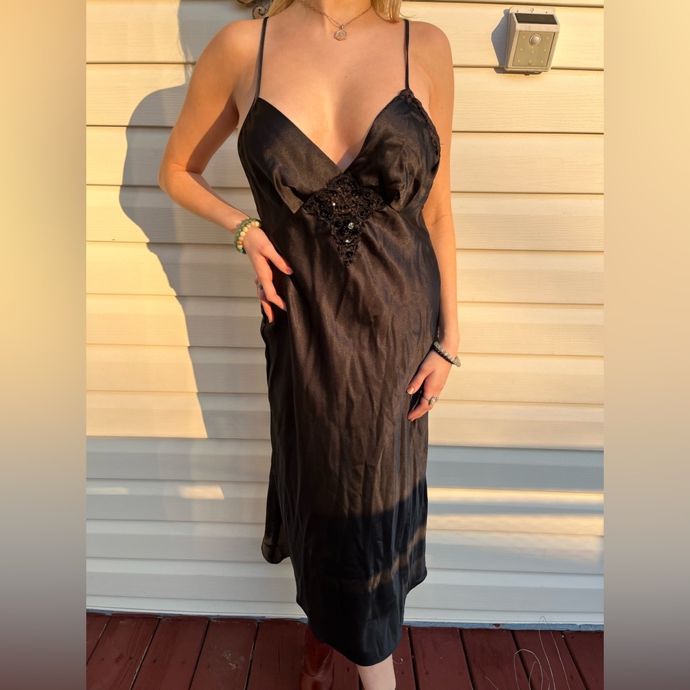 BLACK SATIN MIDI SLIP DRESS VINTAGE
